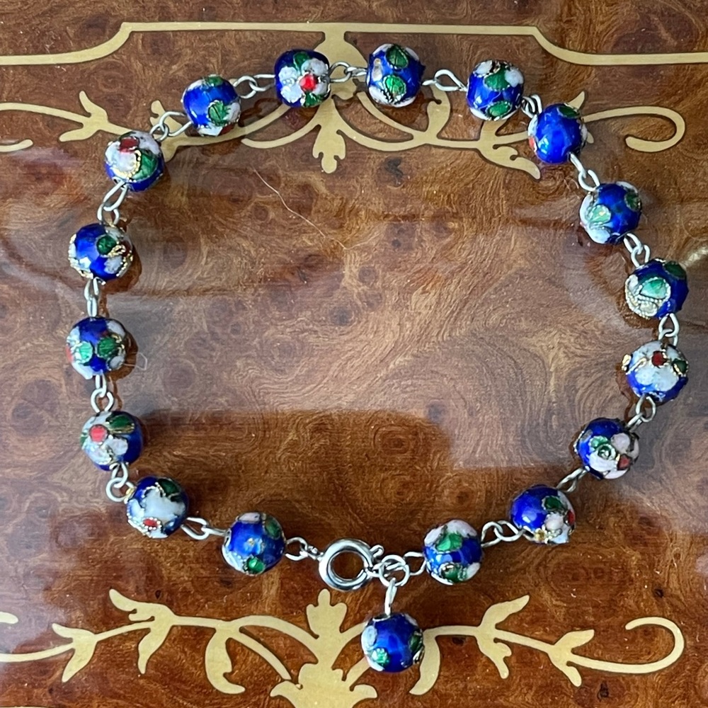 Vintage cloisonné bead silver tone bracelet - Picture 2 of 5